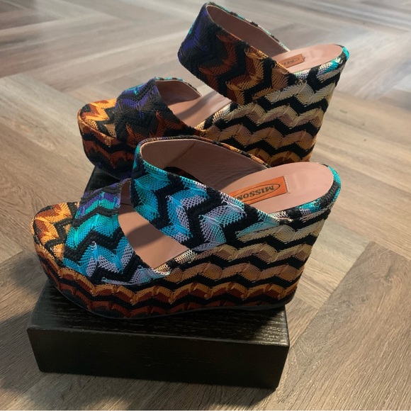 37.5 | Missoni Classic Zigzag Fabric Wedges | Jewel Tones Slides - Picture 9 of 10